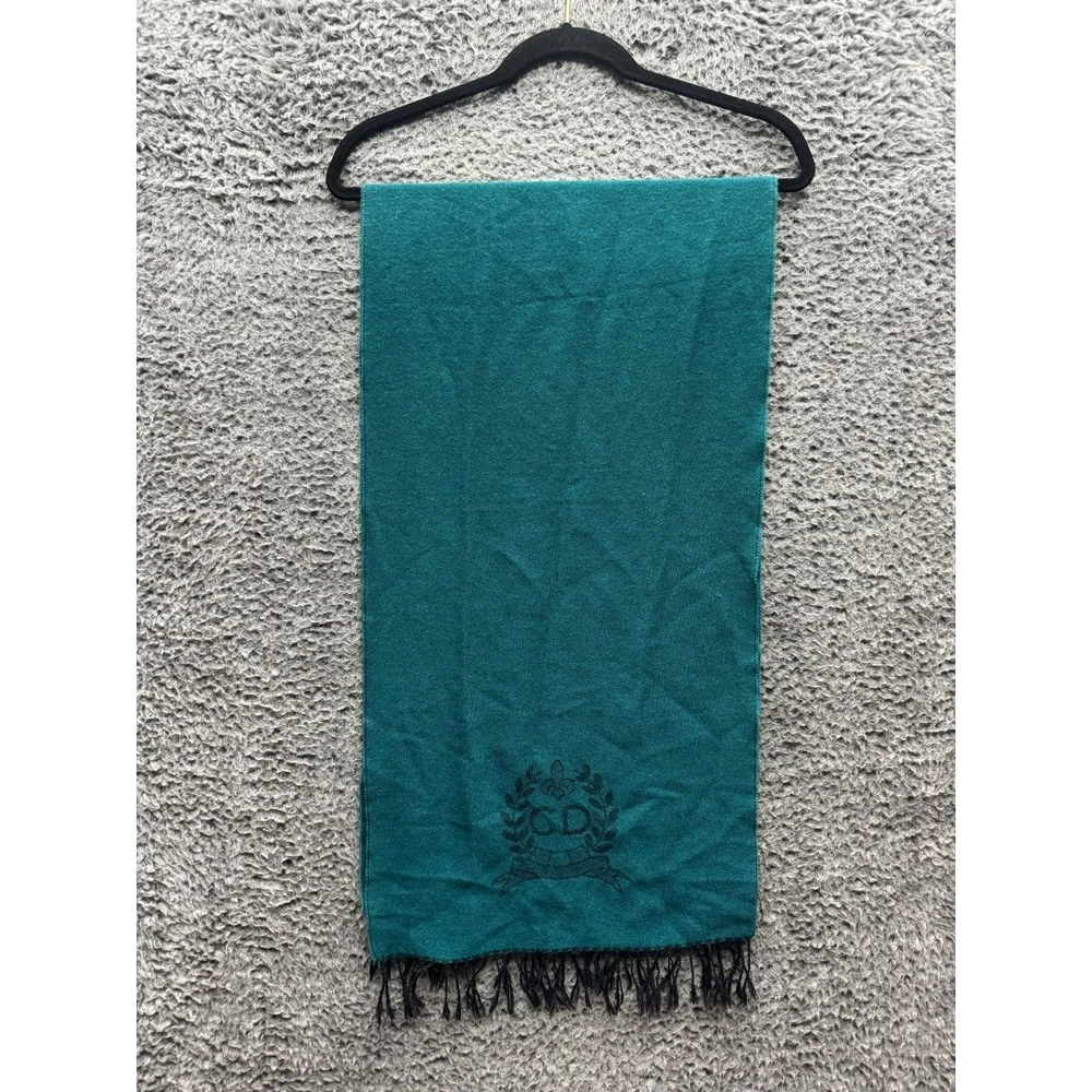 Vintage Christian Dior Printed‎ Logo Cashmerre Scarf Teal 63.5